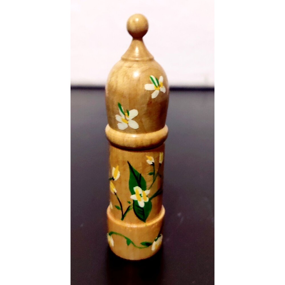 Vintage Bulgarian Minaret Wood Painted Perfume Holder Screw on Top W/ Glass Vial